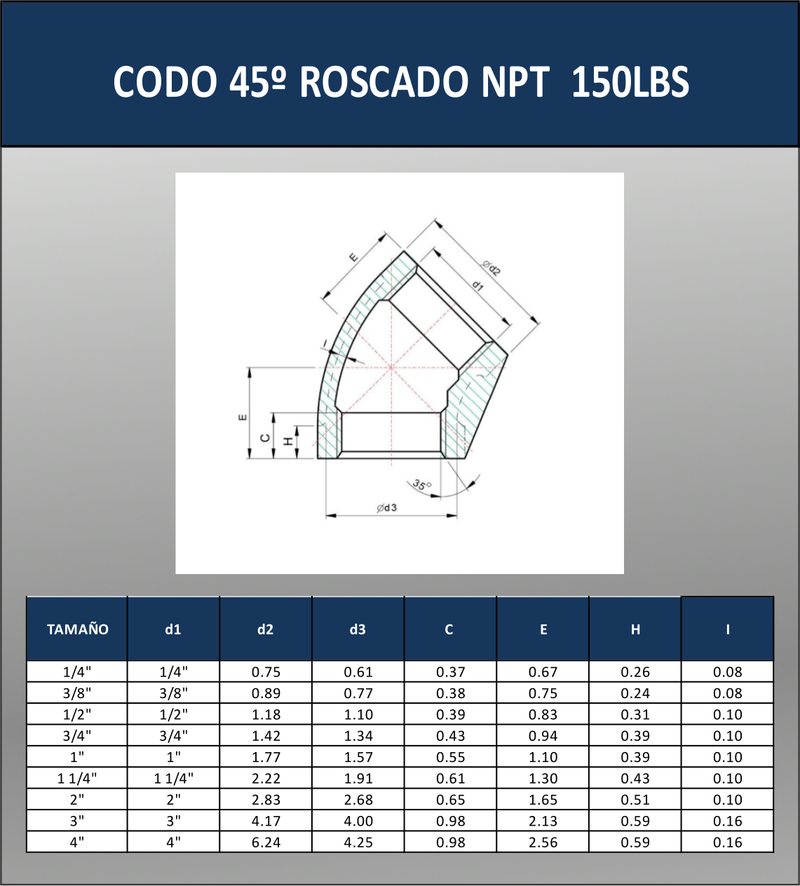 CODO 45º ROSCADO NPT 150 LBS T-304