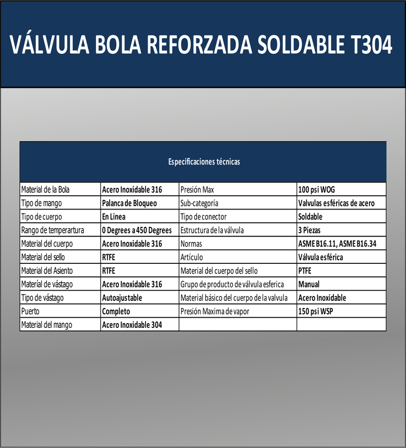 VAVULA BOLA REFORZADA SOLDABLE T304